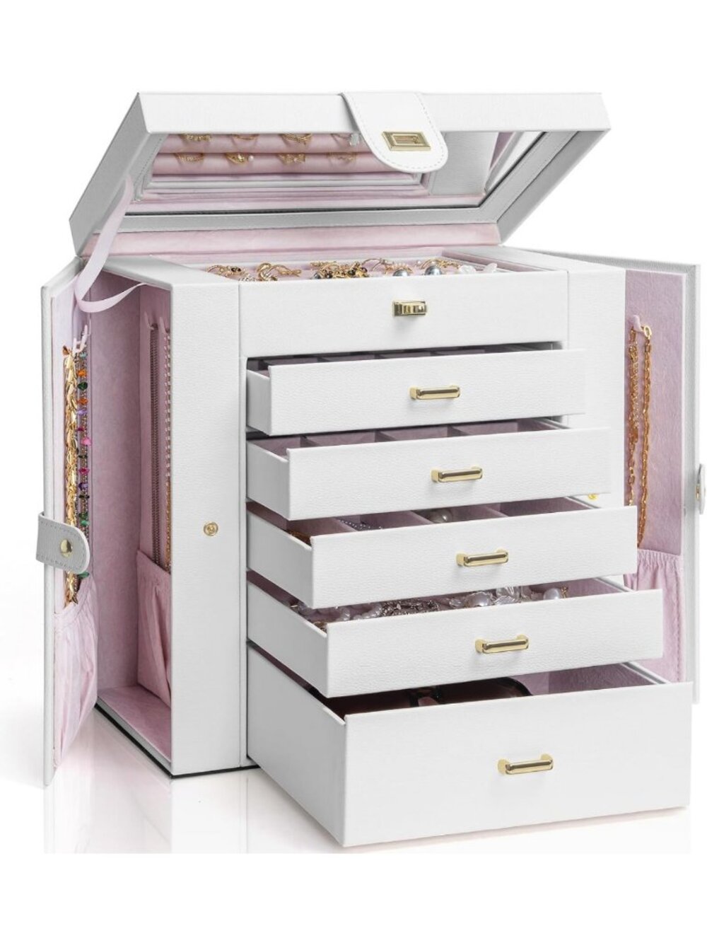 Extra Large 6-Tier Jewelry Box Organizer with 5 Drawers - White Storage Solution